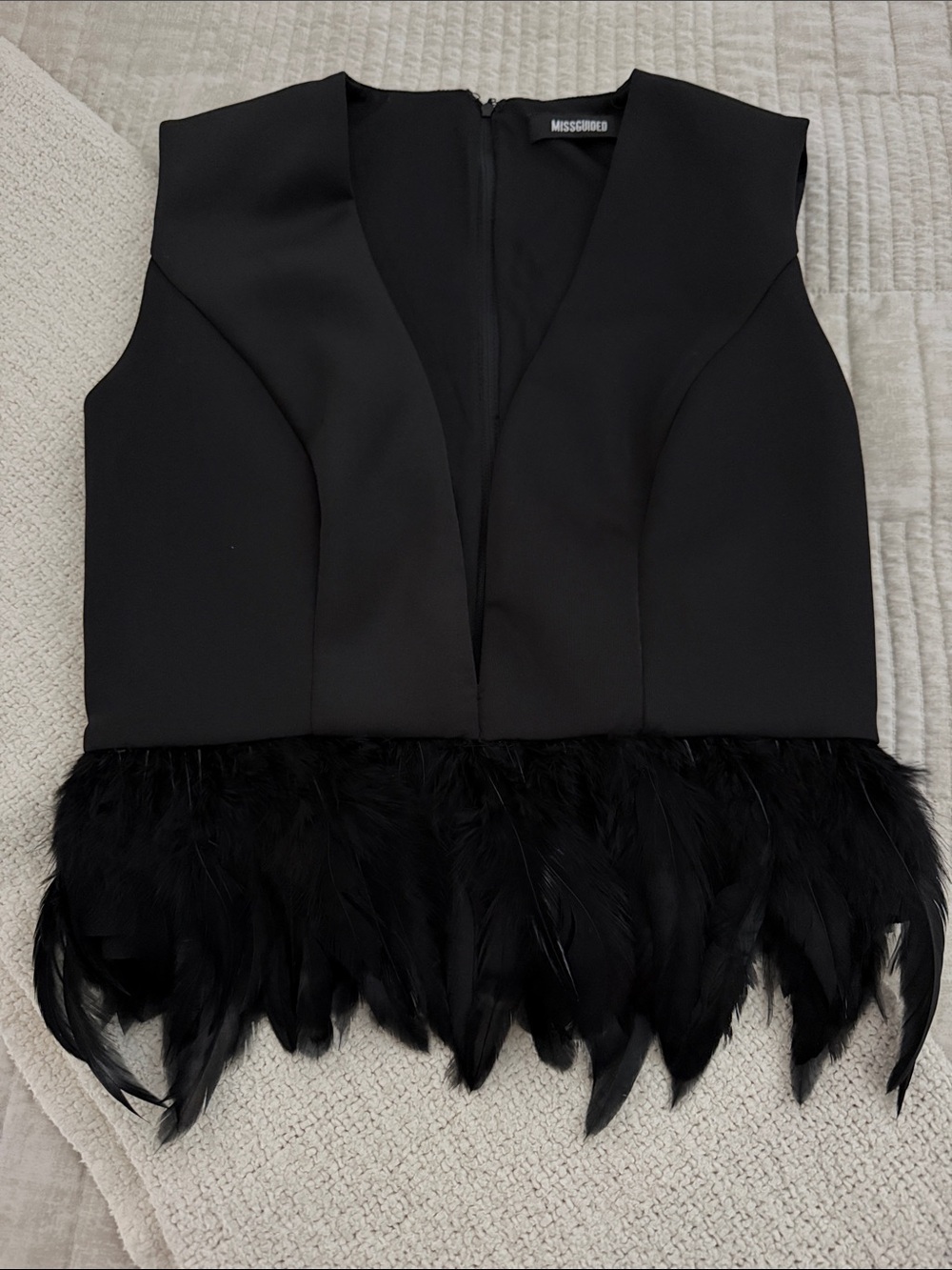 MISSGUIDED Black Feather Trim V-Neck Crop Top